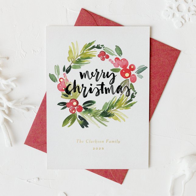 Carte De Vœux En Aluminium Pin d'aquarelle et couronne blanche Joyeux Noël (Créateur téléchargé)