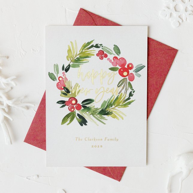 Carte De Vœux En Aluminium Pin d'aquarelle et Wreath Holly Bonne année (Créateur téléchargé)