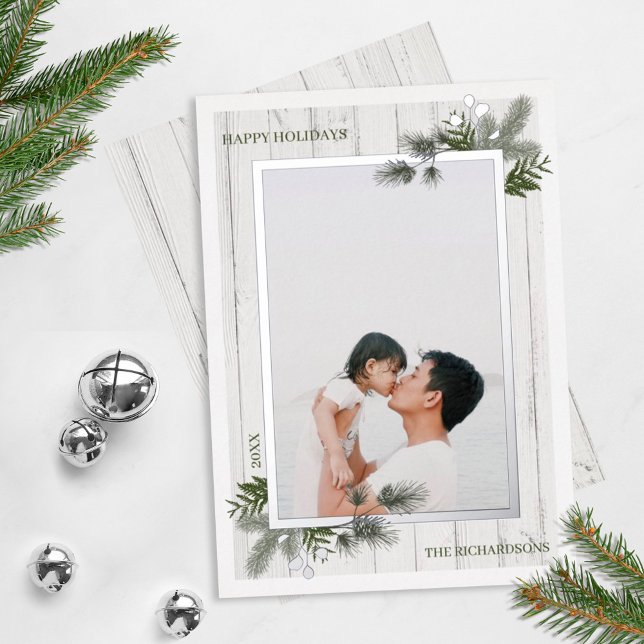 Carte De Vœux En Aluminium Pin festif & Bois blanc rustique Shiplap Photo (Créateur téléchargé)
