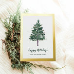 Carte De Vœux En Aluminium Pin simple | Bordure d'or<br><div class="desc">Cette carte de vacances minimaliste présente une typographie de script moderne avec un emplacement pour votre nom. Un sapin de Noël en pin aquarelle simple et élégant apporte une touche de design et de fête qui est également assez professionnelle pour tout salut d'affaires. Une élégante et véritable bordure en feuille...</div>