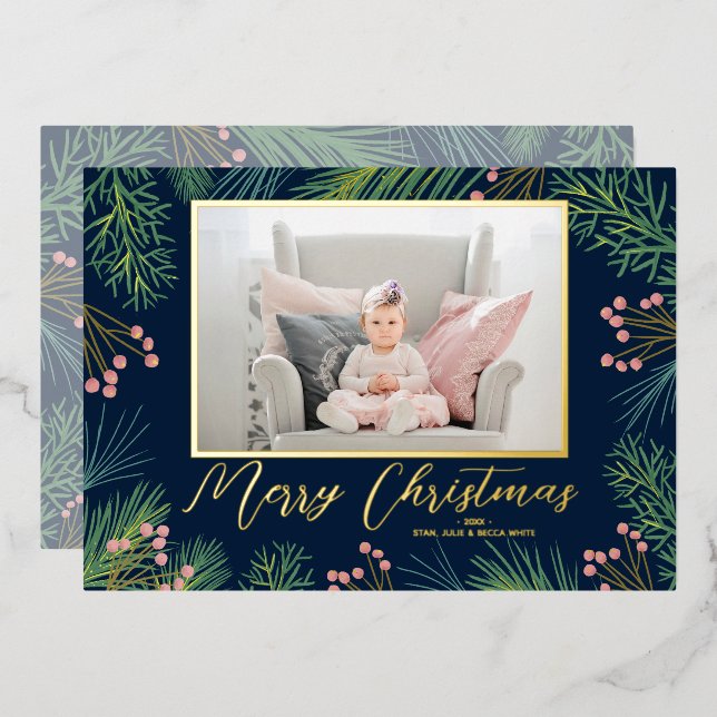 Carte De Vœux En Aluminium Pines Berries Navy Blue Christmas Photo (Recto/Verso)
