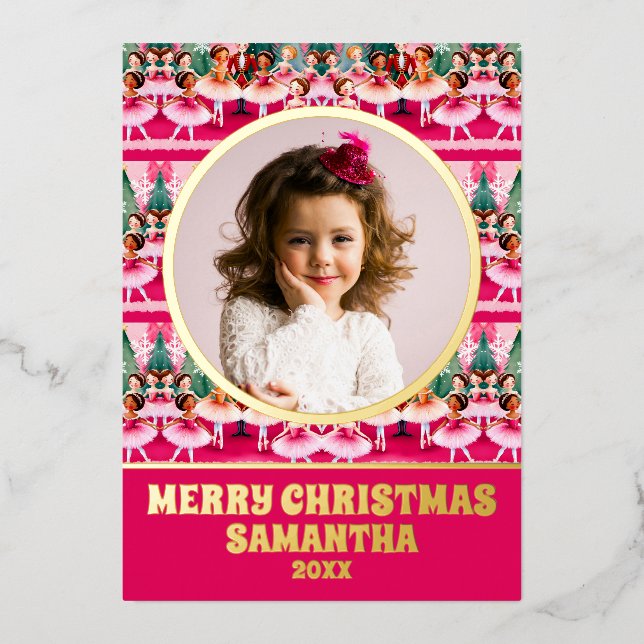 Carte De Vœux En Aluminium Pink Christmas Nutcracker Ballerina Enfants Photo (Recto)