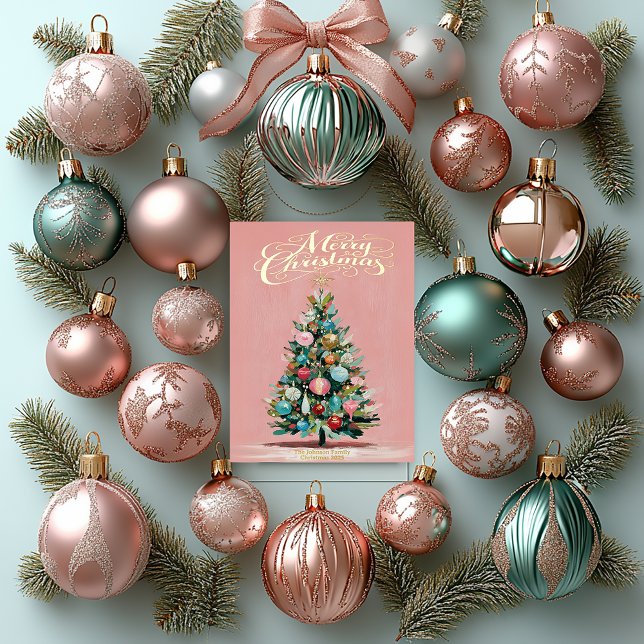 Carte De Vœux En Aluminium Pink Velvet Christmas Tree Foil Holiday Card (Festive Blush Pink Paint Stroke Christmas Tree Foil Christmas Card )