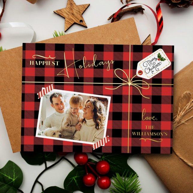 Carte De Vœux En Aluminium Plaid Enveloppé Noël Présenté Avec Photo Réel (Créateur téléchargé)