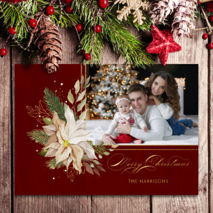 Carte De Vœux En Aluminium Poinsettia blanche, Verdure or Calligraphie