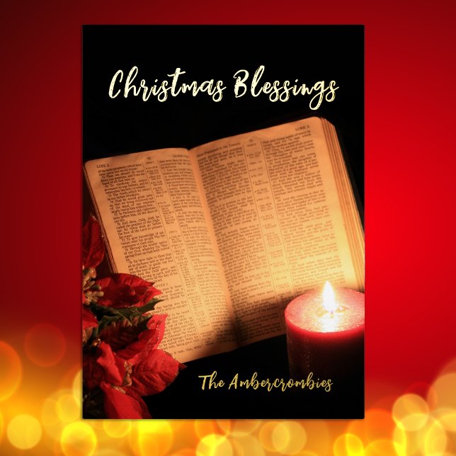 Carte De Vœux En Aluminium Poinsettia de bougie en feuille d'or Vieille Bible (Gold Foil Candle Poinsettia Old Bible holiday card)