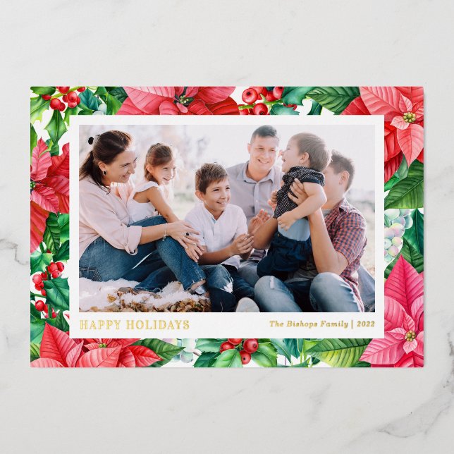 Carte De Vœux En Aluminium Poinsettias aquarelles et baies Joyeuses Fêtes (Recto)