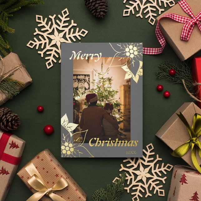 Carte De Vœux En Aluminium Portrait photo élégant fleurs grises joyeux Noël (Créateur téléchargé)