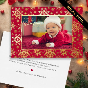 Carte De Vœux En Aluminium Premier flocon de Noël Cadre Or Rouge