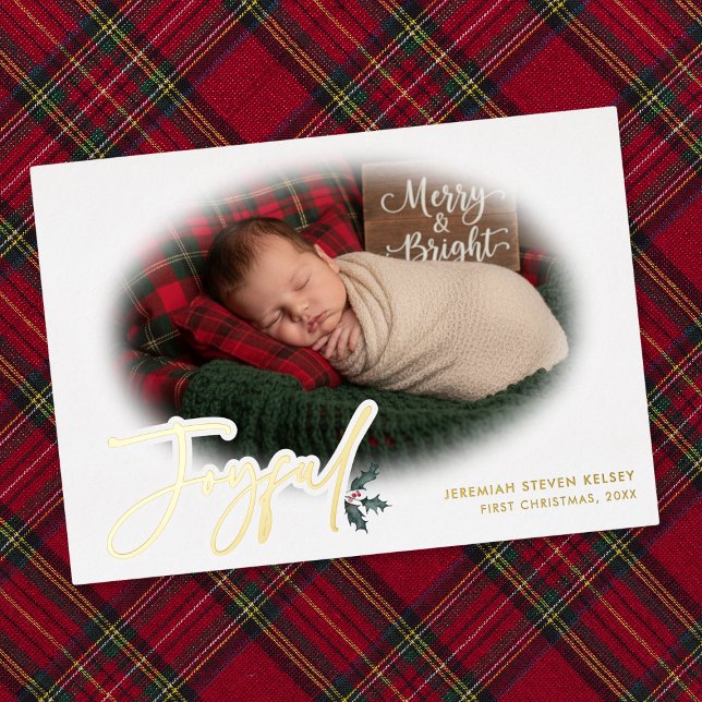 Carte De Vœux En Aluminium Premier Noël de bébé joyeux minimal (Minimal Baby First Christmas Joyful Foil Holiday Card)