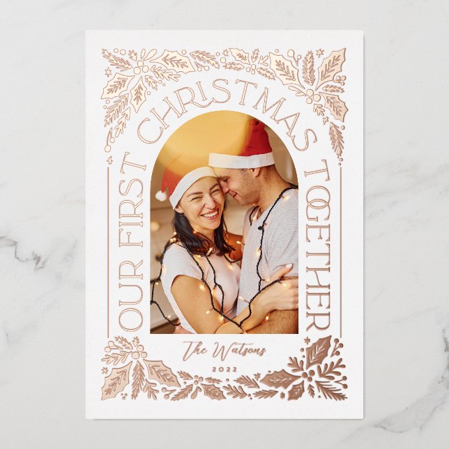 Carte De Vœux En Aluminium Premier Noël Ensemble Arc 3 Photo Collage (Recto)