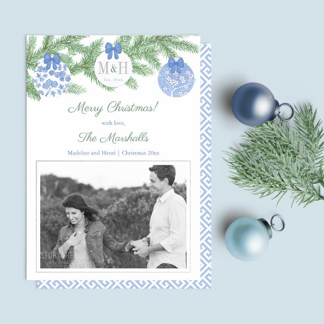 Carte De Vœux En Aluminium Première mariée Aquarelle de Noël Monogramme Or (Married Christmas Blue White Baubles Fir Tree Silver Foil Details Christmas Holiday Card)
