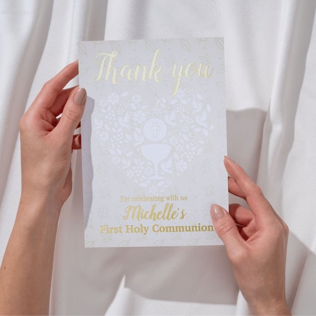 Carte De Vœux En Aluminium Première Sainte Communion (Complete the celebration of your child's First Holy Communion with this scripture thank you card!)