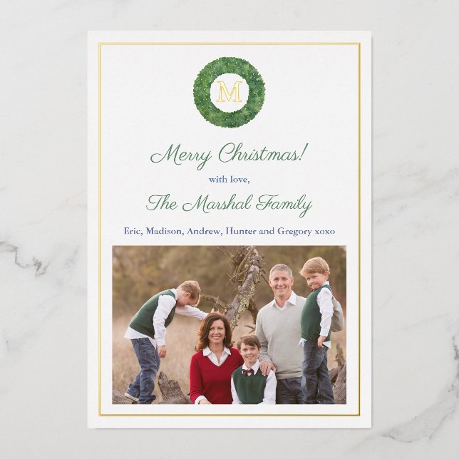 Carte De Vœux En Aluminium Preppy Chic Boxwood Monogramme Wreath Joyeuses Vac (Recto)