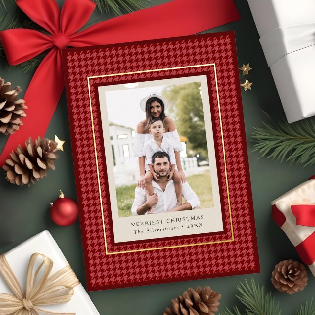Carte De Vœux En Aluminium Preppy Classic Red Houndstooth Photo de Noël (red houndstooth classic Christmas photo card)