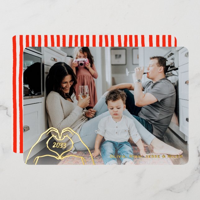 Carte De Vœux En Aluminium Preppy Hand Drawn Red Stripe Gold (Recto/Verso)