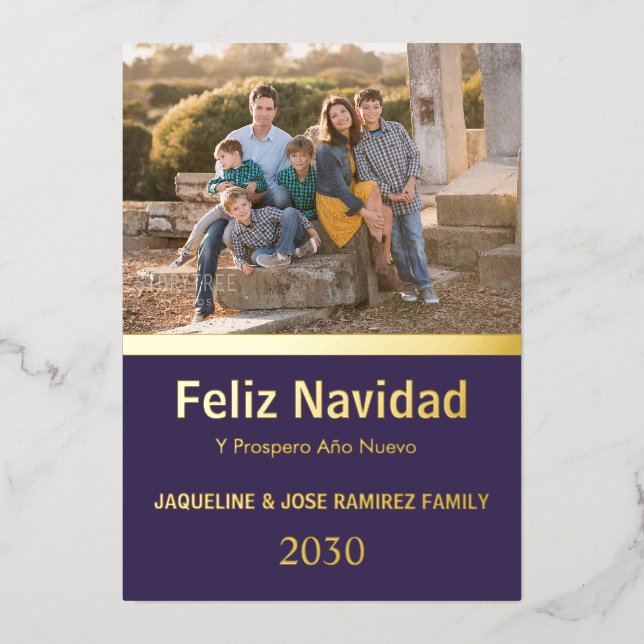 Carte De Vœux En Aluminium Purple Feliz Navidad Photo Famille Espagnole (Recto)