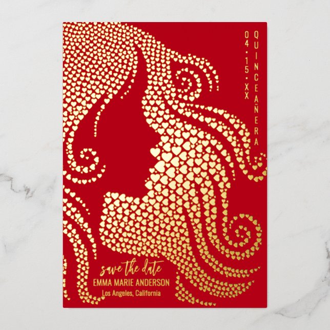 Carte De Vœux En Aluminium Quinceañera Girl Silhouette Gold Hearts Rouge Real (Recto)
