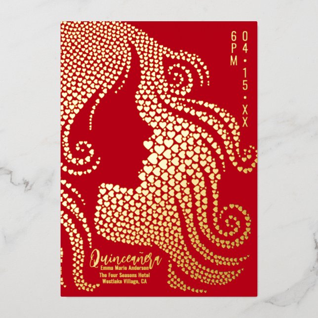 Carte De Vœux En Aluminium Quinceañera Red Gold Girl Silhouette Gold Hearts (Recto)