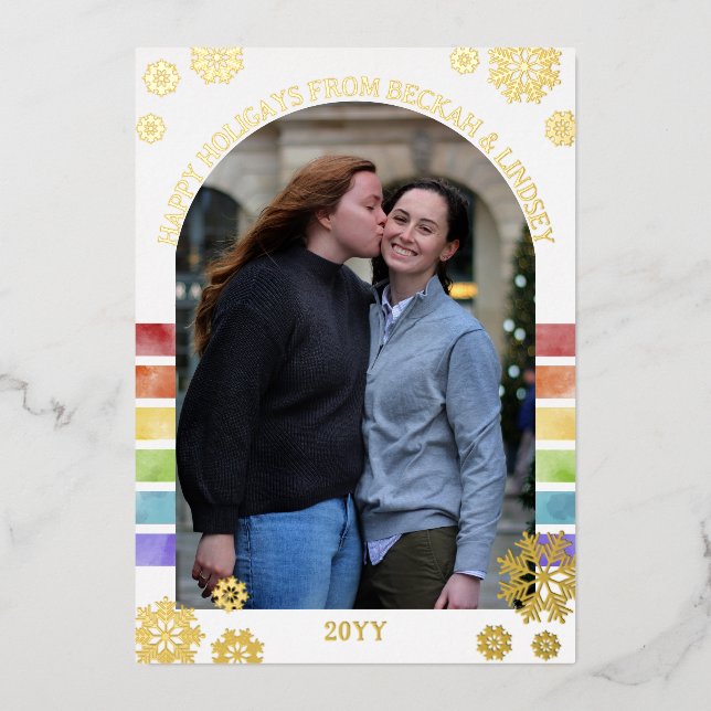 Carte De Vœux En Aluminium Rayures arc-en-ciel Flocons d'or Joyeux Holigays (Recto)