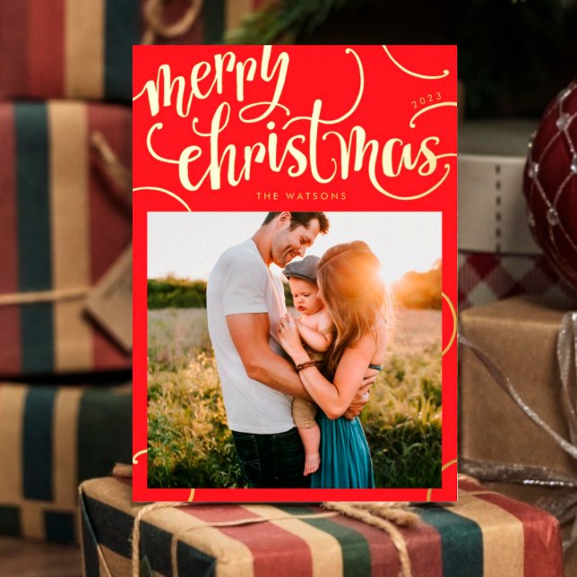 Carte De Vœux En Aluminium Real Gold Joyeux Noël Lettre Swirl Photo (Créateur téléchargé)