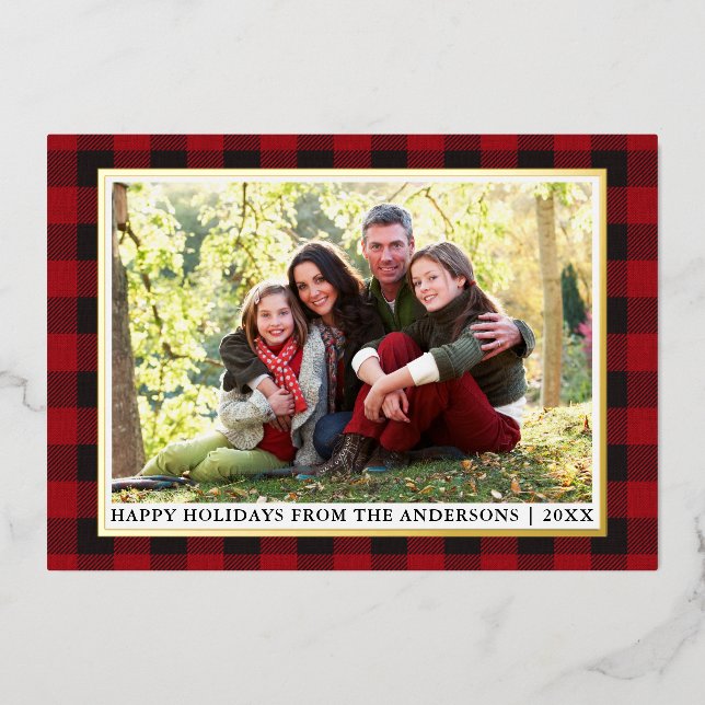 Carte De Vœux En Aluminium Red Buffalo Plaid Happy Holidays Photo Gold (Recto)