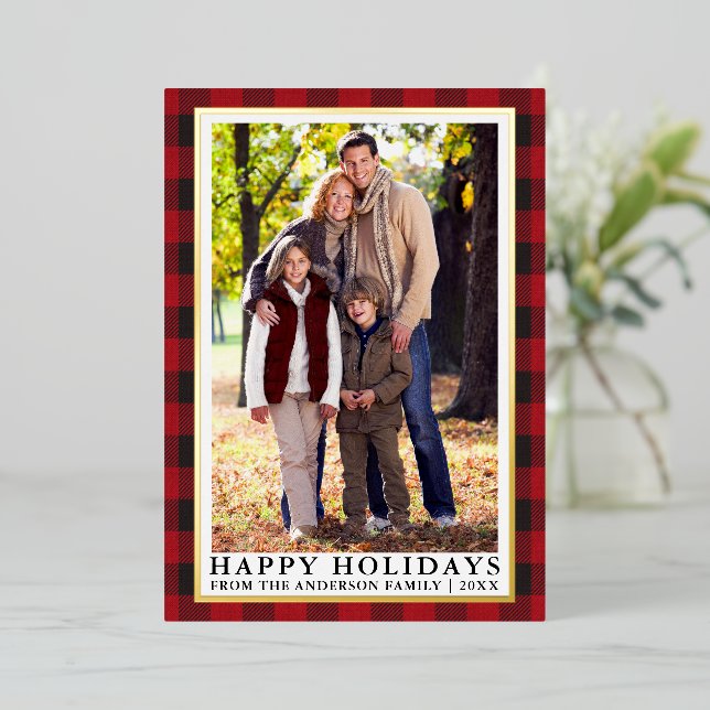 Carte De Vœux En Aluminium Red Buffalo Plaid Photo Happy Holidays Gold (Debout devant)