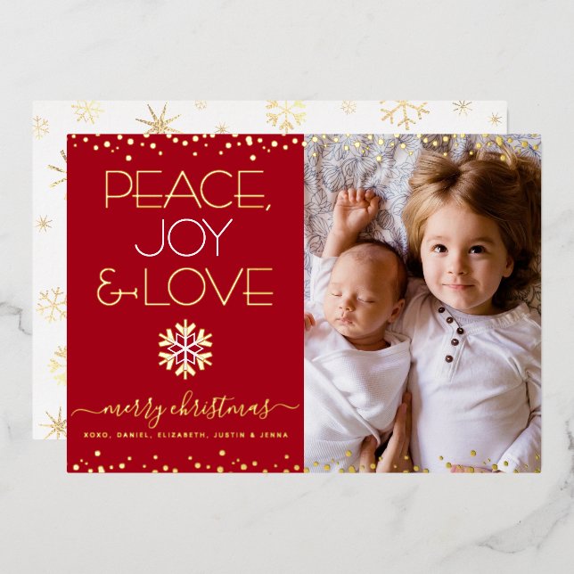 Carte De Vœux En Aluminium Red Christmas Peace Joy Love Photo Real Gold (Recto/Verso)