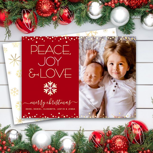 Carte De Vœux En Aluminium Red Christmas Peace Joy Love Photo Real Gold (Créateur téléchargé)