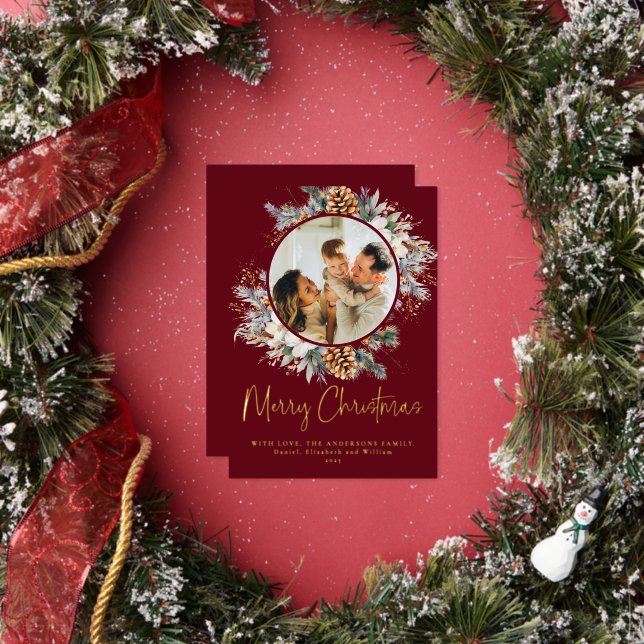 Carte De Vœux En Aluminium Red Elegant Botanical Typography 1 Photo Christmas (Insitu)