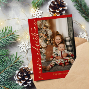Carte De Vœux En Aluminium Red Gold Calligraphy Photo Joyeux Noël