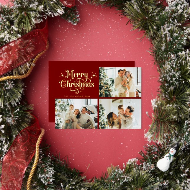 Carte De Vœux En Aluminium Red & Gold Retro Christmas Family Photo Collage (Insitu)