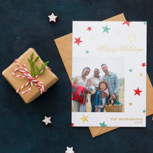 Carte De Vœux En Aluminium Red Green White Gold Stars Photo Happy Holidays