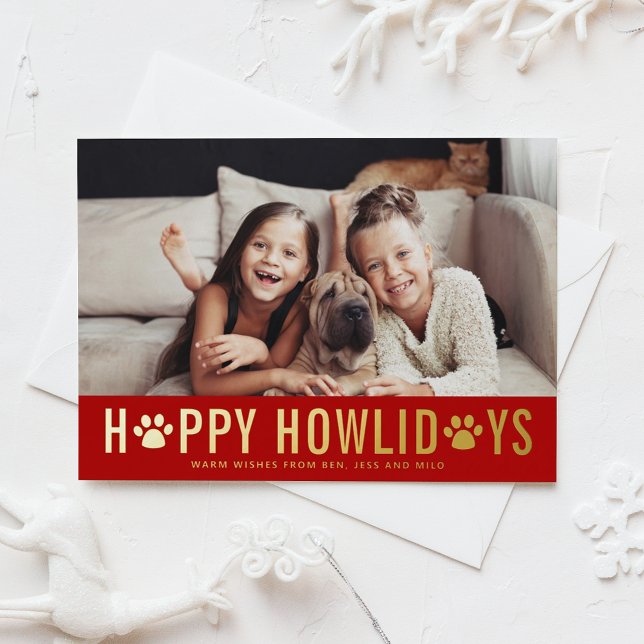 Carte De Vœux En Aluminium Red Happy Howlidays Typographie moderne Chien Phot (Créateur téléchargé)