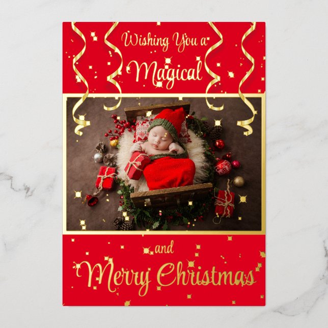Carte De Vœux En Aluminium Red Magic Photo Joyeux voeux de Noël (Recto)