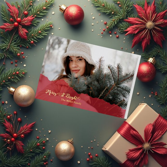 Carte De Vœux En Aluminium red Merry & Bright Christmas family Photo gold (Créateur téléchargé)