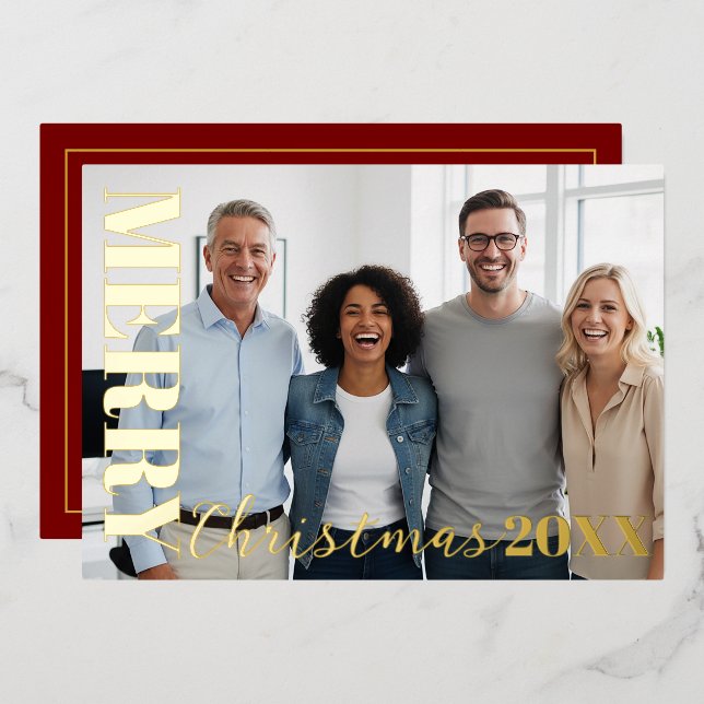 Carte De Vœux En Aluminium Red Modern Merry Christmas Company Logo Photo Gold (Recto/Verso)