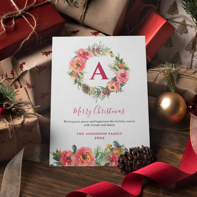 Carte De Vœux En Aluminium Red Monogram Pink Botanical Wreath Christmas Card (Créateur téléchargé)