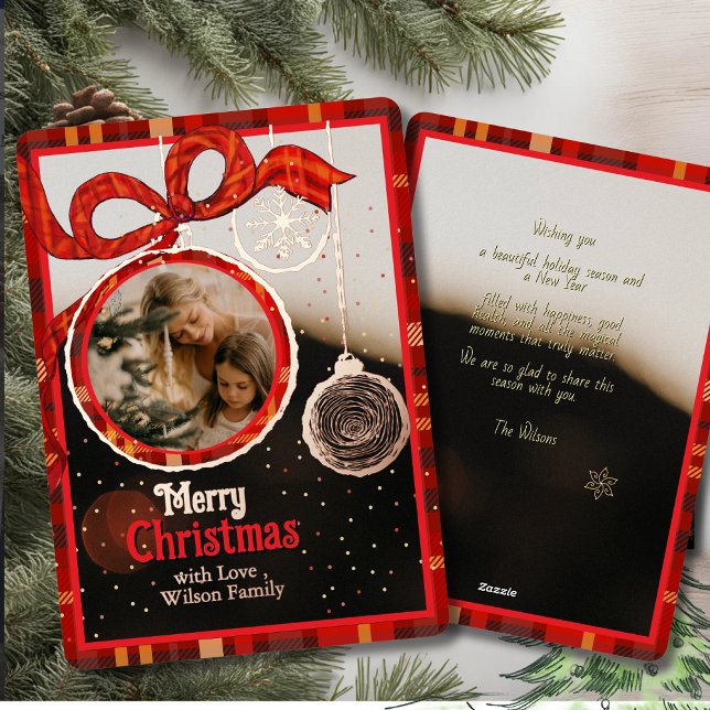 Carte De Vœux En Aluminium Red Ribbon Plaid  Gold Foil Single Photo Christmas (Red Ribbon Plaid Gold Foil Single Photo Christmas Foil Holiday Card)