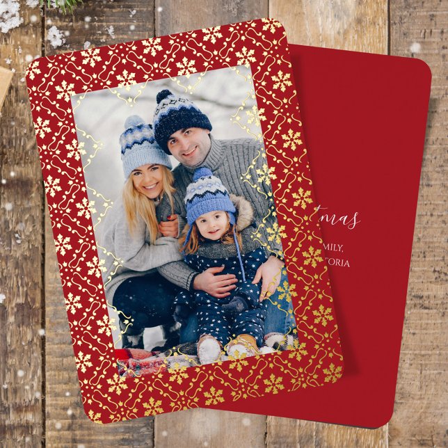 Carte De Vœux En Aluminium Red Snowflakes One Photo Joyeux Noël (Merry Christmas holiday photo card template with real gold foil. )