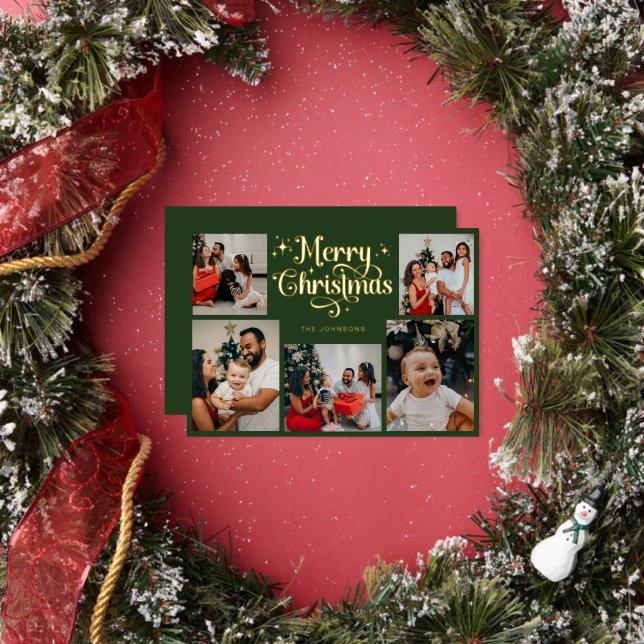 Carte De Vœux En Aluminium Retro Green and Gold Merry Christmas Family Photo (Insitu)
