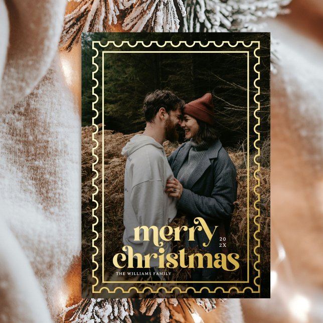 Carte De Vœux En Aluminium Retro Joyeux Timbres de Noël photo Couples (Créateur téléchargé)