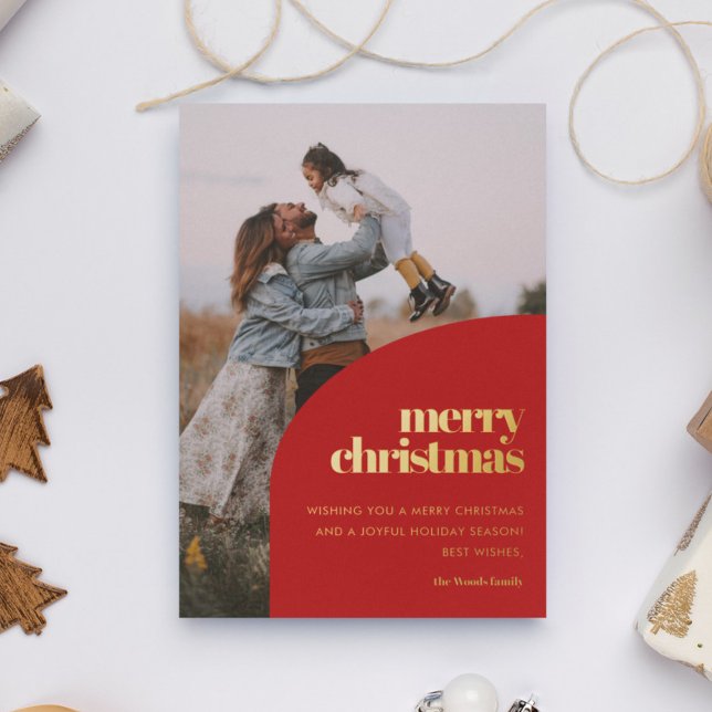 Carte De Vœux En Aluminium Retro Red Arch Design Joyeux Noël Photo Gold (Créateur téléchargé)