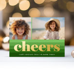 Carte De Vœux En Aluminium Retro Stripes - Green Cheks 2 Photo Vibe Vintage<br><div class="desc">Avant - Tons vert olive et vert de Noël dans un motif rétro rayé. Un look moderne rétro pour un carte photo de vacances avec un design branché et différent avec le mot "cheers" en papier peint. Ajoutez 2 photos et la signature familiale à ce design amusant et dynamique.</div>