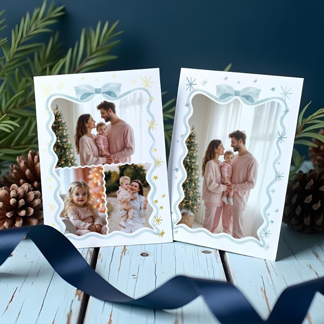 Carte De Vœux En Aluminium Retro Wavy Blue Bow Ribbon & Stars Photos Collage (Retro Wavy Blue Bow Ribbon & Stars Photos Collage Foil Holiday Card)
