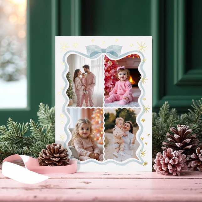 Carte De Vœux En Aluminium Retro Wavy Blue Ribbon & Stars Photos Collage (Retro Wavy Blue Ribbon & Stars Photos Collage Foil Holiday Card)