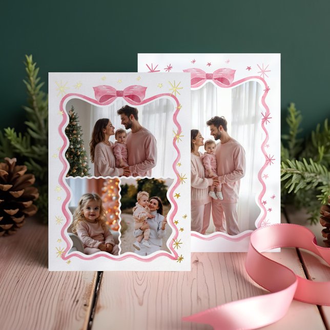 Carte De Vœux En Aluminium Retro Wavy Pink Bow Ruban & Stars Photos Collage (Retro Wavy Pink Bow Ribbon & Stars Photos Collage Foil Holiday Card)