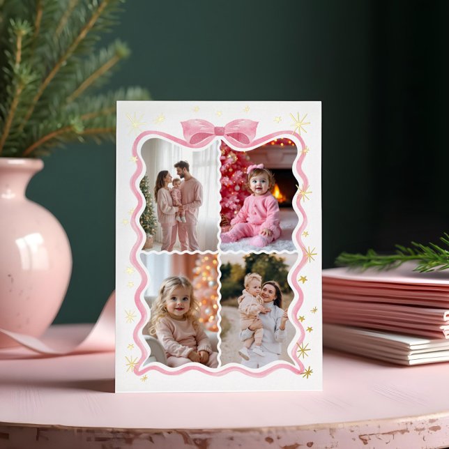 Carte De Vœux En Aluminium Retro Wavy Pink Ribbon & Stars Photos Collage (Retro Wavy Pink Ribbon & Stars Photos Collage Foil Holiday Card)