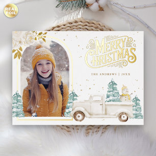 Carte De Vœux En Aluminium Retro White Truck Snowman Photo de Noël Or