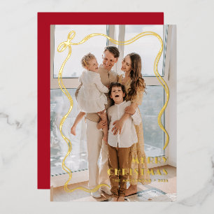 Carte De Vœux En Aluminium Ribbon en or Whimsical Famille Photo Joyeux Noël